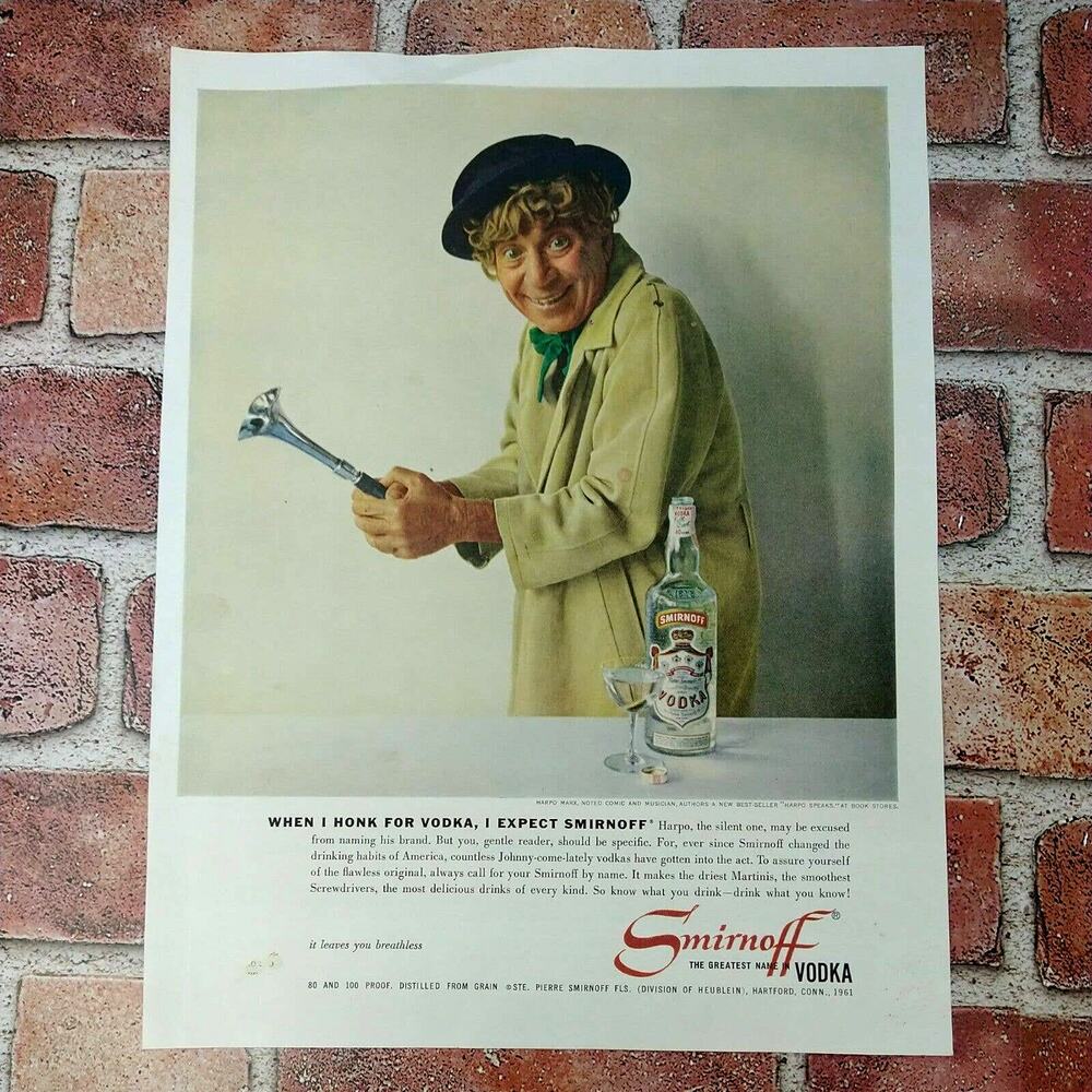 Smirnoff Vodka - Harpo Marx Honk - Vtg 1961 PRINT AD‎ Art 60s